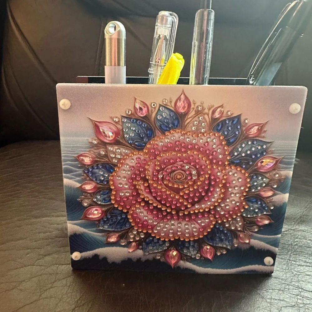 Decorative Floral Pen Holder with Pink and Blue Design